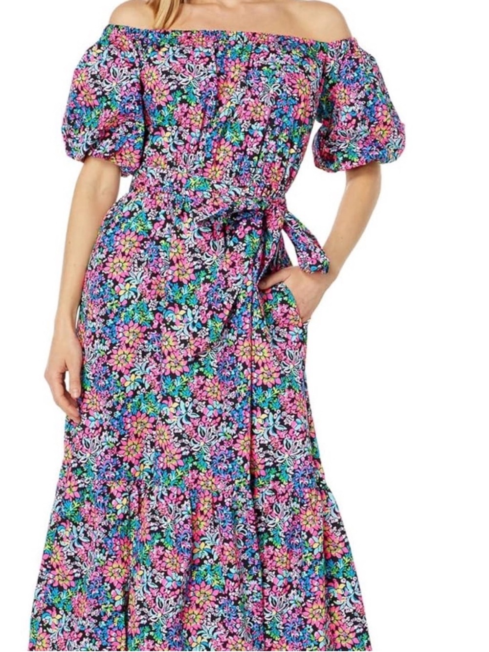 ✅ NWT Lilly Pulitzer Tamie Off-the-Shoulder Dress in Feeling Fintastic size XS